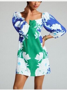 FARM Rio Green & Blue Floral Puff-Sleeve Mini Dress